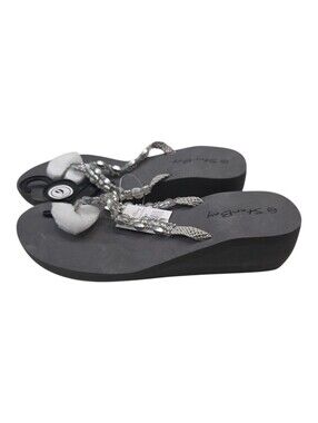 Star Bay Gray Beaded Wedge Flip Flops Sandals NWT